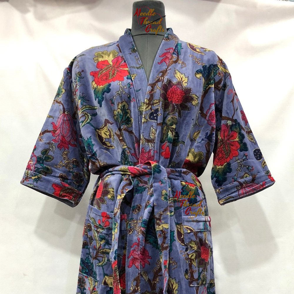Floral Print Velvet Kimono Luxury Jacket, Party Boho Robe Lounge Wear - Unisex - Picture 8 of 16